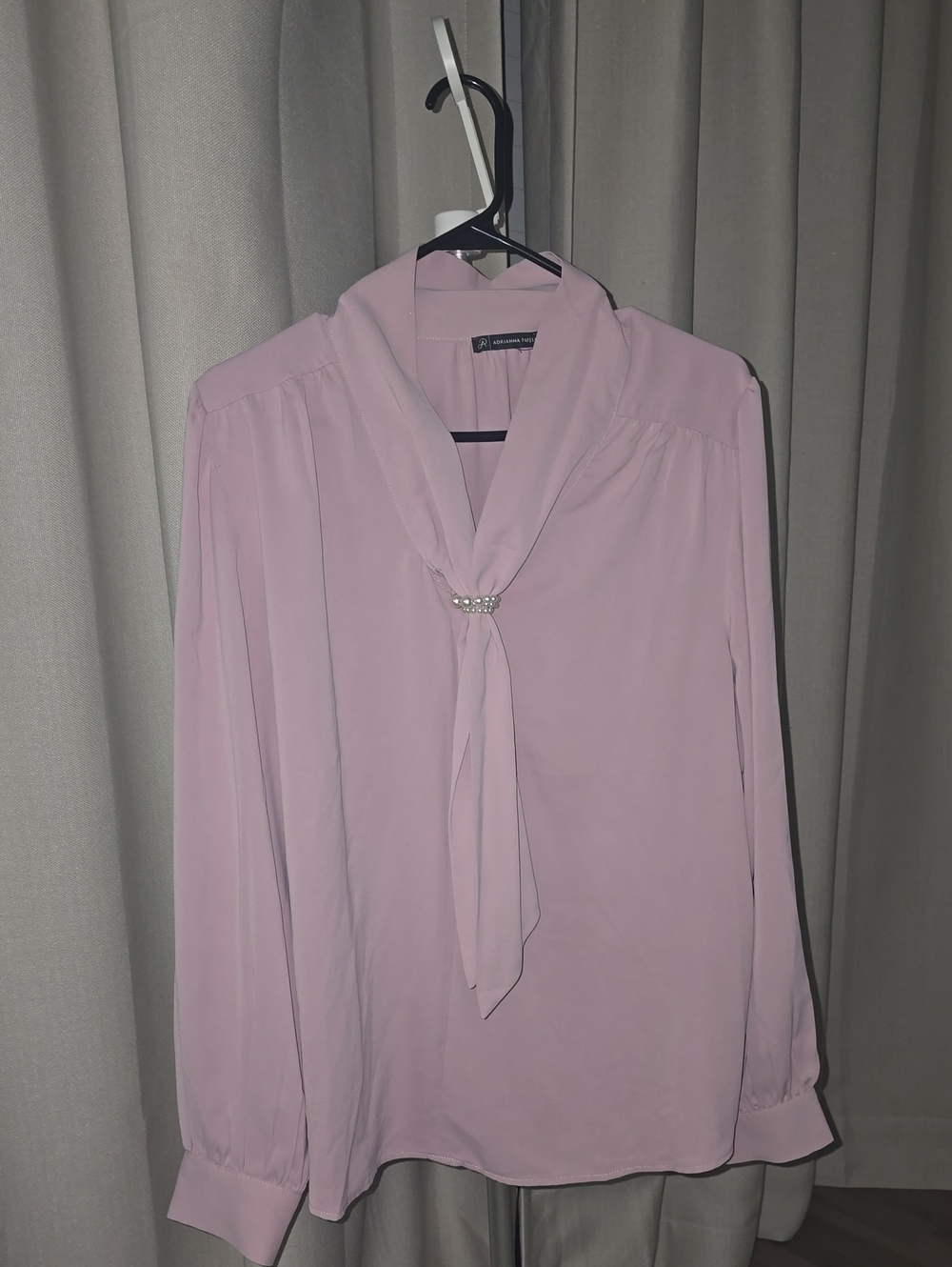 Adrianna Papell Light Pink Tie-Neck Blouse with Pearl Accent. Lavendar/pink